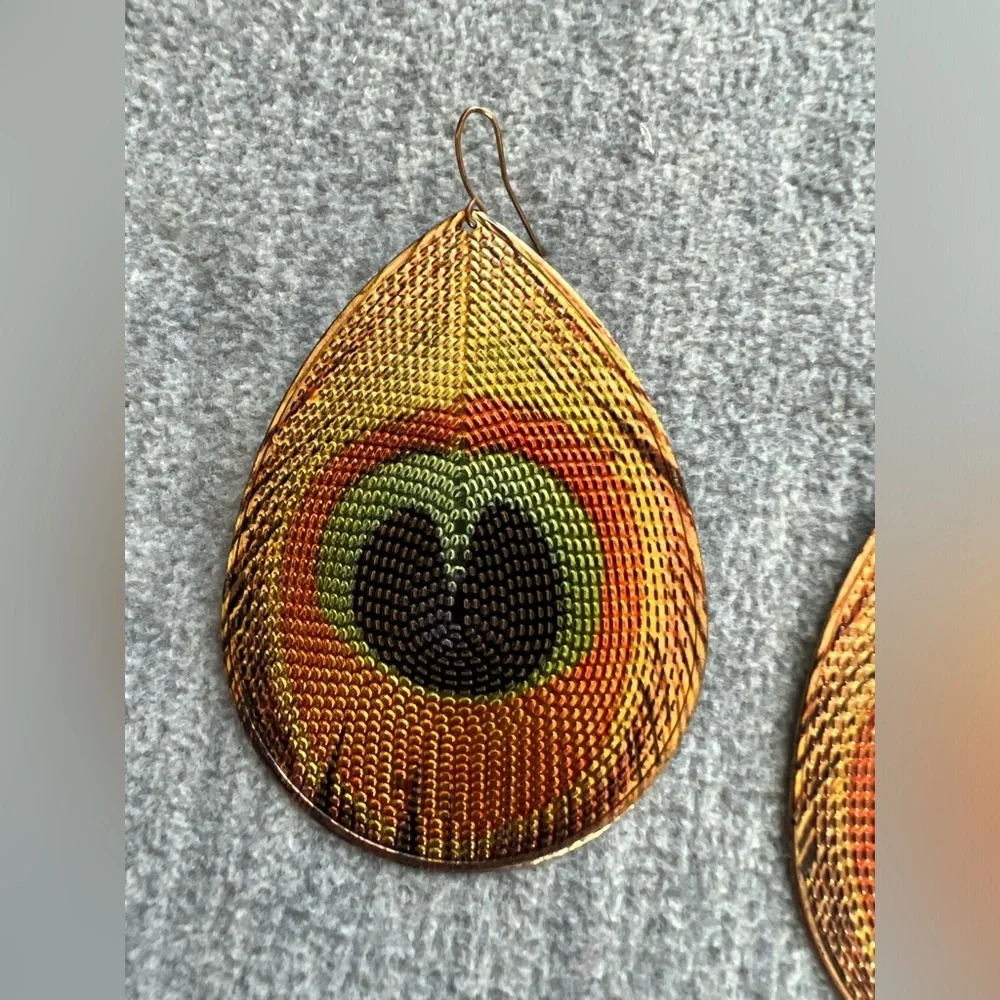 Peacock Feather Design Pierced‎ Earrings Thin Large Lightweight Flat Multicolor